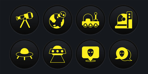 Set UFO flying spaceship, Astronaut helmet, Alien, Mars rover, Earth globe, and Telescope icon. Vector