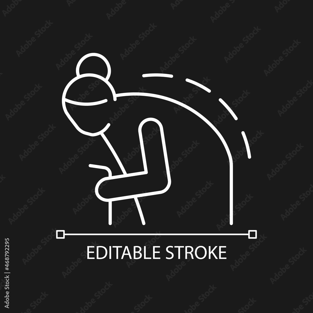 Poster kyphosis white linear icon for dark theme. roundback. elderly person with back problem. spine curve.