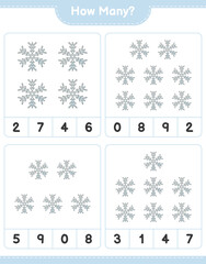 Counting game, how many Snowflake. Educational children game, printable worksheet, vector illustration