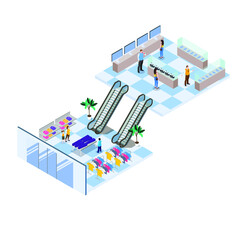 Shopping mall interior 3d isometric vector illustration concept for banner, website, landing page, ads, flyer template
