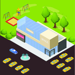 Shopping mall exterior with kids playground 3d isometric vector illustration concept for banner, website, landing page, ads, flyer template