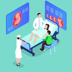 Childbirth in hospital. Doctor, nurse, mother to be and husband 3d isometric vector illustration concept for banner, website, landing page, ads, flyer template