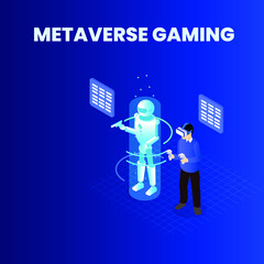 Metaverse virtual robot game 3d isometric vector illustration concept for banner, website, landing page, ads, flyer template