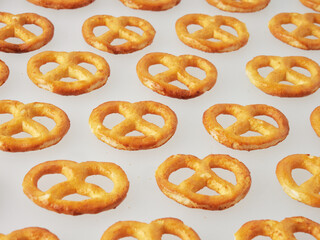 Pretzels isolated on white background. Flat lay. Top view