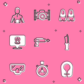Set Wetsuit for scuba diving, Photo camera diver, Flippers swimming, Scallop sea shell, Fishing harpoon, Diving knife, mask and Stopwatch icon. Vector