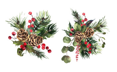 Watercolor Christmas invitation design. Watercolor winter bouquets for holidays design. Berries, flowers, leaves, pine cones. High quality illustration