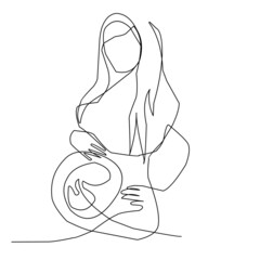One line continue art pregnant belly woman illustration background skecth drawing vector
