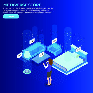 Woman Shops Furniture In A Metaverse Virtual Reality Store 3d Isometric Vector Illustration Concept For Banner, Website, Landing Page, Ads, Flyer Template