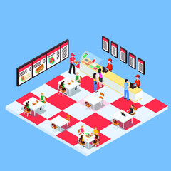Obraz premium Fast food sandwich restaurant 3d isometric vector illustration concept for banner, website, landing page, ads, flyer template