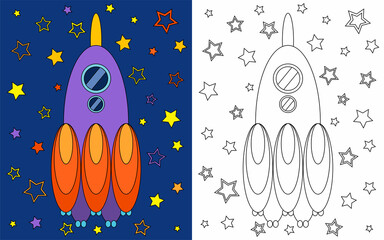 Coloring rocket in space, coloring book for preschool children with easy educational game level. Simple linear design.