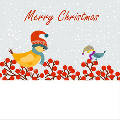 Fototapeta na wymiar Merry Christmas Card. Two Christmas Birds and Merry Christmas lettering