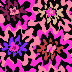 Abstract Hand Drawing Retro Wavy Geometric Flowers Seamless Vector Pattern Isolated Background