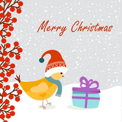 Merry Christmas Card. Two Christmas Birds and Merry Christmas lettering