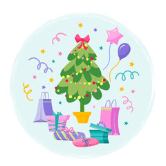 Greeting card with Christmas tree, gift boxes and air balloons. Colorful vector isolated illustration on the white background.
