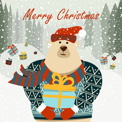 Christmas illustration with cute bear and winter landscape