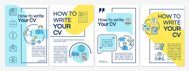 How to write resume brochure template. Highlight skills in resume. Flyer, booklet, leaflet print, cover design with linear icons. Vector layouts for presentation, annual reports, advertisement pages