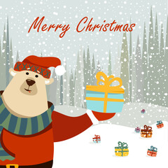 Christmas illustration with cute bear and winter landscape