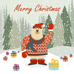 Christmas illustration with cute bear and winter landscape