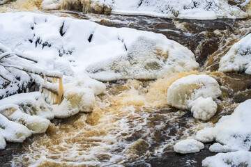 Flowing water in a cold icy stream
