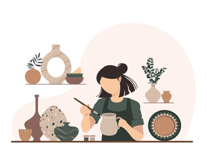 Potter girl. Woman paints a clay vase Vector illustration of an artist, sculptor. The artist creates ceramics. DIY craft. - obrazy, fototapety, plakaty