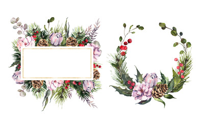 Watercolor Christmas invitation design. Watercolor Frames for winter holidays. Berries, flowers, fir, evergreen. High quality illustration