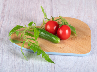 Young beautiful cherry tomatoes with beautiful young leaves and fresh beautiful cucumbers gherkins with leaves on a wooden cutting board