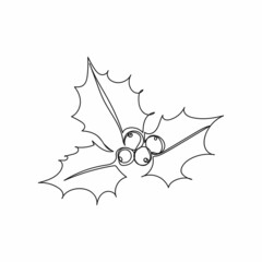 Vector continuous one single line drawing icon of holly berries christmas style in silhouette on a white background. Linear stylized.