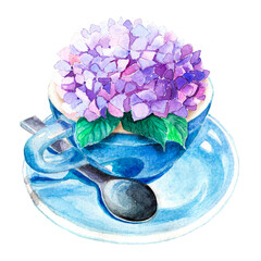 Purple hydrangea in blue cup