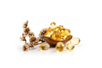 Healthy Vitamins, Omega 3,isolated, has a white background.Copy space