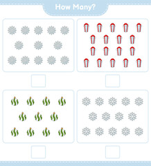 Counting game, how many Snowflake, Christmas Ball, and Gift Box. Educational children game, printable worksheet, vector illustration