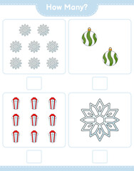Fototapeta na wymiar Counting game, how many Snowflake, Christmas Ball, and Gift Box. Educational children game, printable worksheet, vector illustration