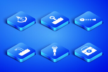 Set First aid kit, Anchor, Spyglass telescope lens, Periscope, and Dead fish icon. Vector