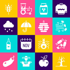 Set Bare tree, Candy, Windy weather, Jar of honey, Umbrella, Cloud with rain, Wheat and Hive for bees icon. Vector