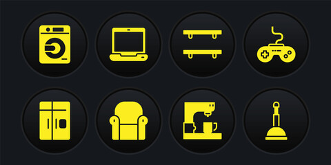 Set Refrigerator, Gamepad, Armchair, Coffee machine, Empty wooden shelves, Laptop, Rubber plunger and Washer icon. Vector
