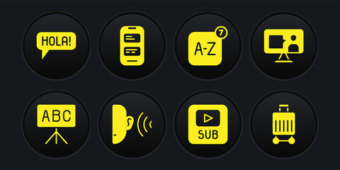 Set Chalkboard, Foreign language online study, Ear listen sound signal, Video with subtitles, Online translator, Suitcase and Hola different languages icon. Vector © vector_v