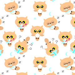 Owls seamless pattern cute sleeping owls baby texture in bright colors Great for fabric, baby pajamas, for packaging decoration, postcard flyers, kawaii style,. Vector illustration