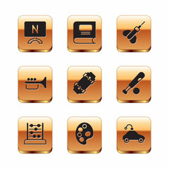 Set Smart Tv, Abacus, Palette, Skateboard, Trumpet, Dart arrow, Radio controlled car toy and Book icon. Vector