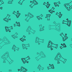 Black line Glass bong for smoking marijuana or cannabis icon isolated seamless pattern on green background. Vector Illustration