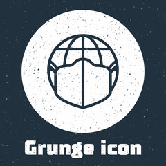 Grunge line Earth globe with medical mask icon isolated on grey background. Monochrome vintage drawing. Vector.