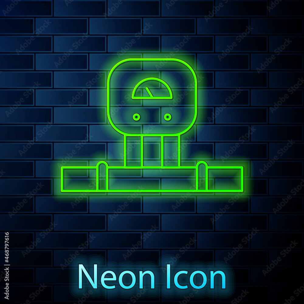 Poster glowing neon smart sensor system icon isolated on brick wall background. internet of things concept 