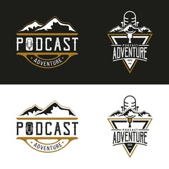 Adventure Podcast Logo Design. With mic, microphone, and mountain icon on a black background. Vintage, Luxury, and Premium Logo