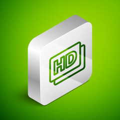 Isometric line Hd movie, tape, frame icon isolated on green background. Silver square button. Vector