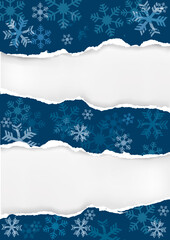 Dark Blue christmas background with torn paper.
 Illustration of ripped paper with snow flakes. Place for your text or image. Vector available.