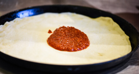 close up view of the italian home made pizza dish