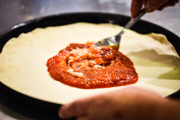 close up view of the italian home made pizza dish