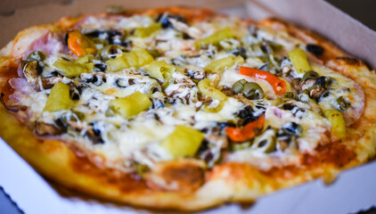 close up view of the italian home made pizza dish