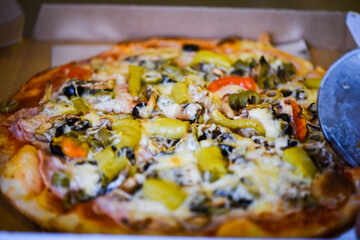 close up view of the italian home made pizza dish