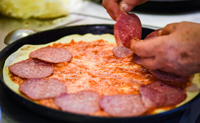 close up view of the italian home made pizza dish