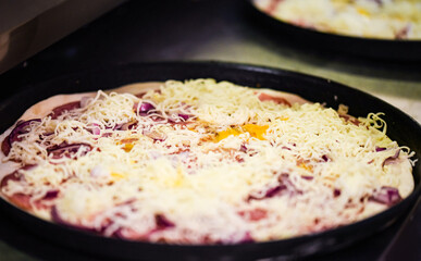 close up view of the italian home made pizza dish