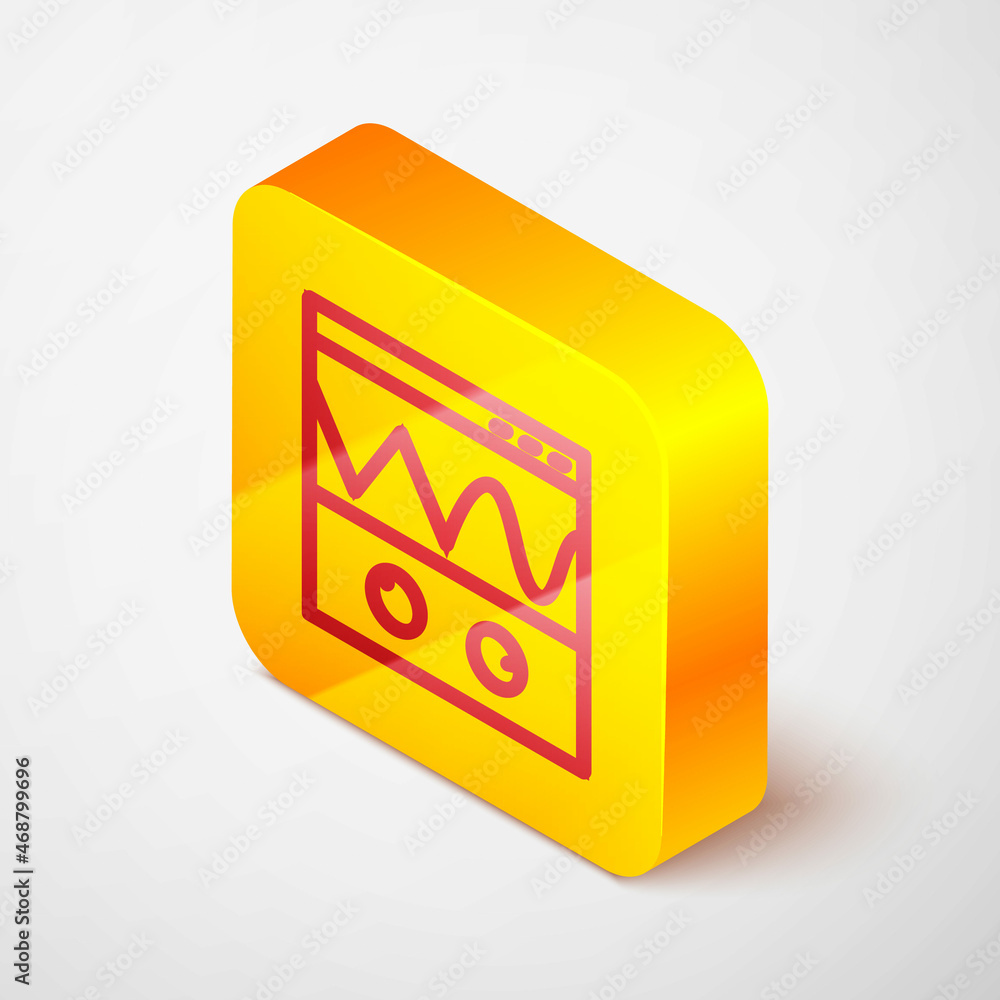 Poster isometric line oscilloscope measurement signal wave icon isolated on grey background. yellow square 